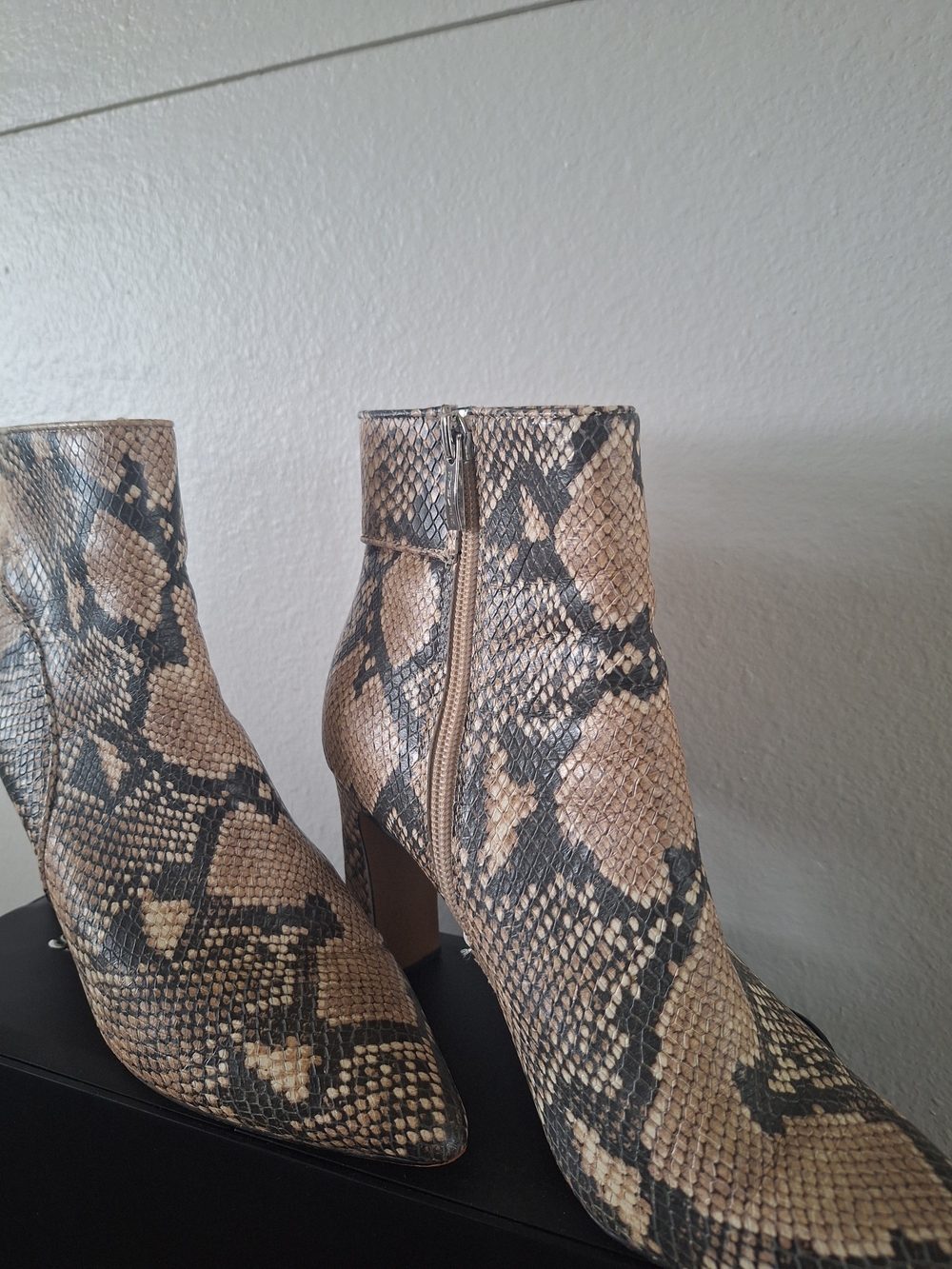 Steven By Steve Madden Snake-Print Pointed Ankle Boots in Beige and Black